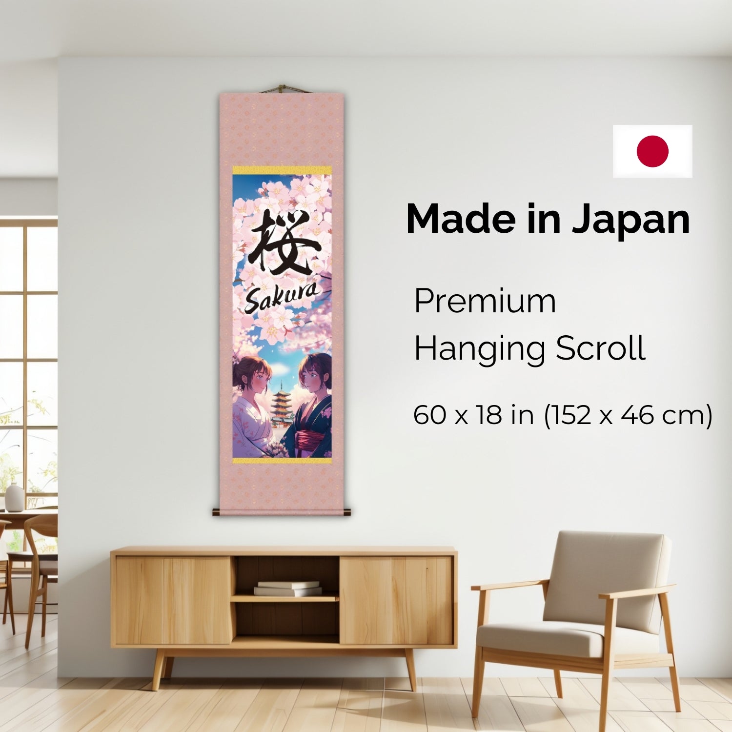 Japanese Anime Sakura Kakemono Wall Scroll – Kimono Women with Pagoda