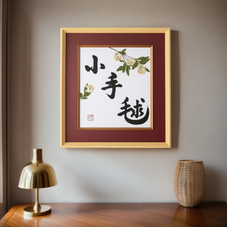 Pressed Flower Kodemari "Reeves Spirea" in Japanese - Wooden Frame with Red Mat, Design 2 (Free Shipping)