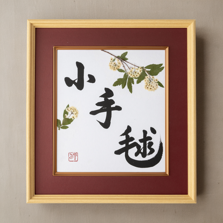 Pressed Flower Kodemari "Reeves Spirea" in Japanese - Wooden Frame with Red Mat, Design 2 (Free Shipping)