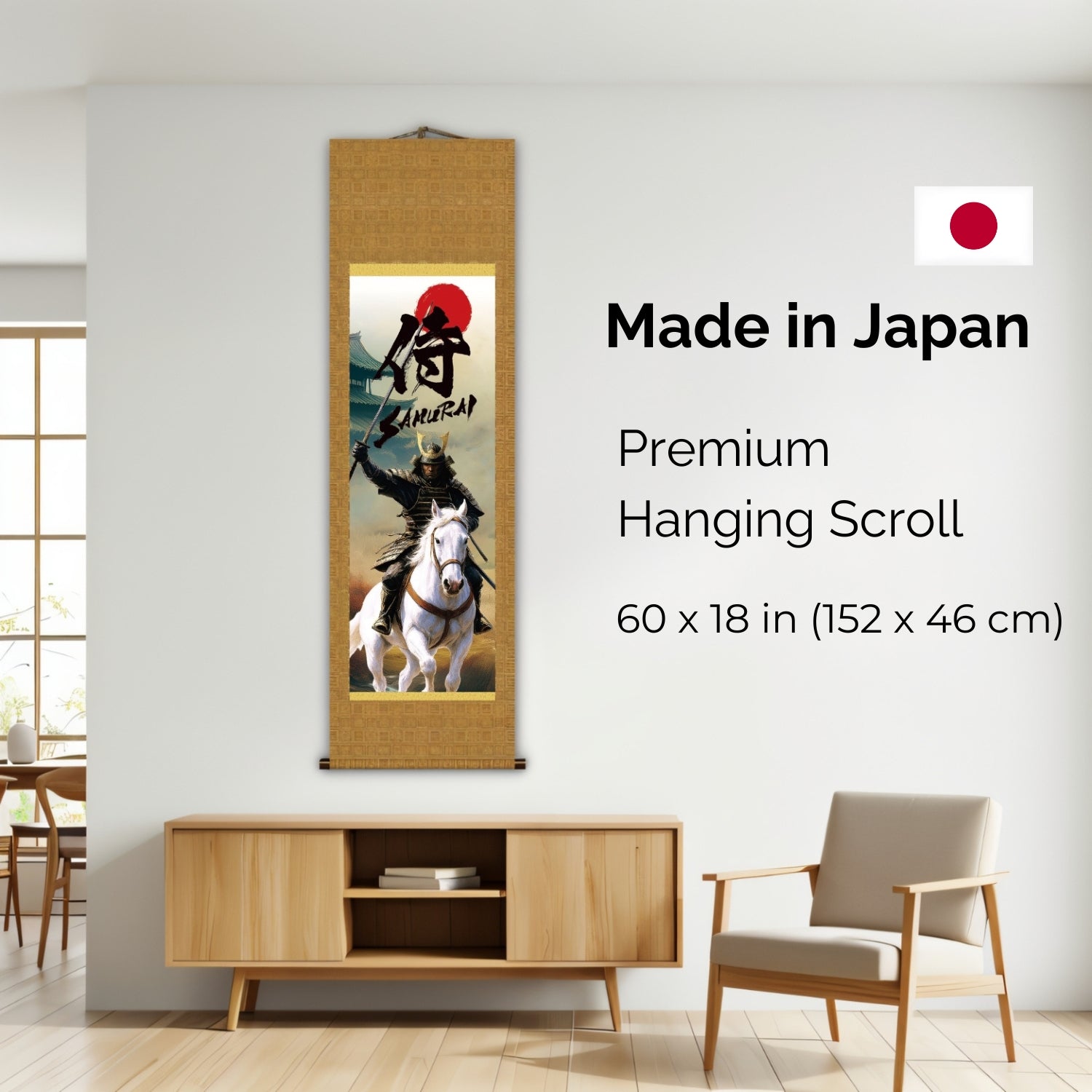Japanese Samurai Kakemono Wall Scroll – Mounted Samurai with Sword on White Horse