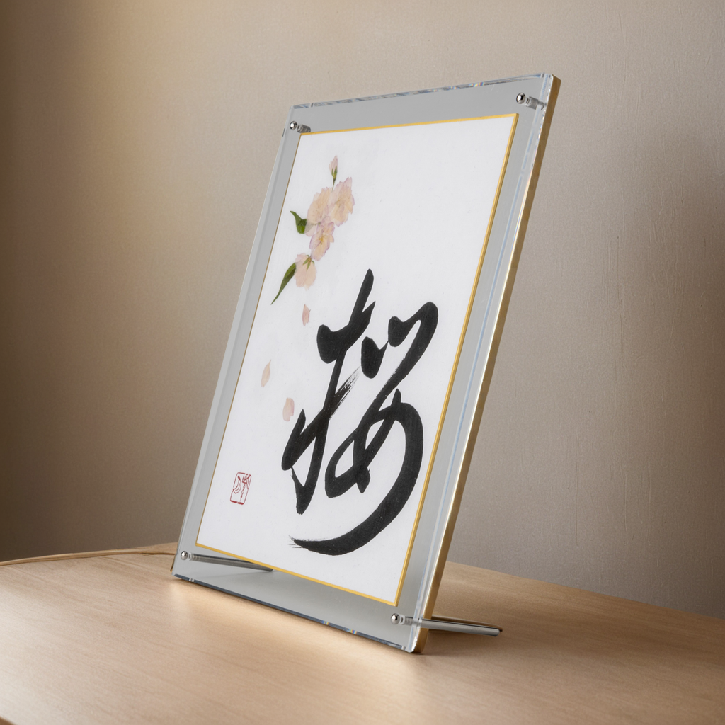 Pressed Flower Sakura "Cherry Blossom" in Japanese - Acrylic Clear Frame, Design 2 (Free Shipping)