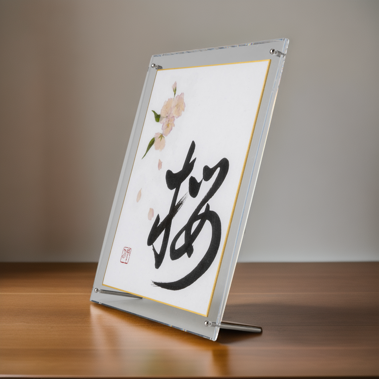 Pressed Flower Sakura "Cherry Blossom" in Japanese - Acrylic Clear Frame, Design 2 (Free Shipping)