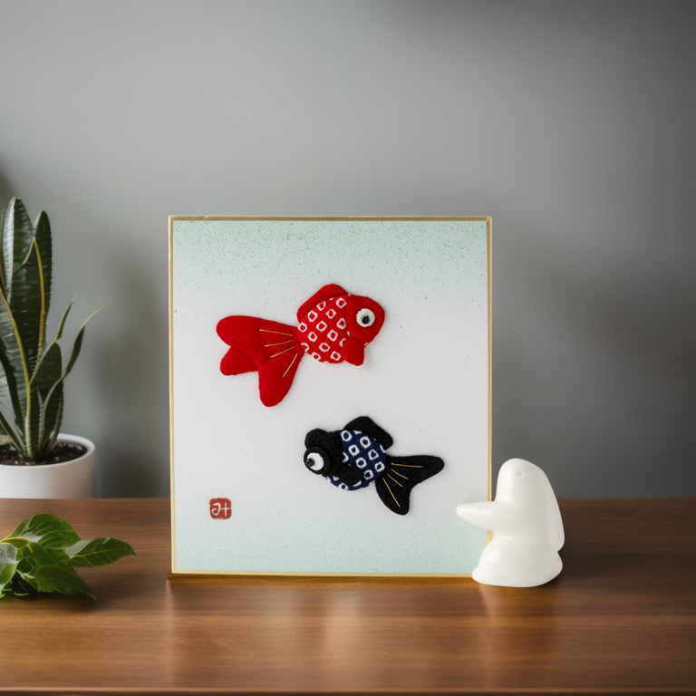 Friendly Goldfish - Raised Cloth Artwork, Includes a Rabbit Stand