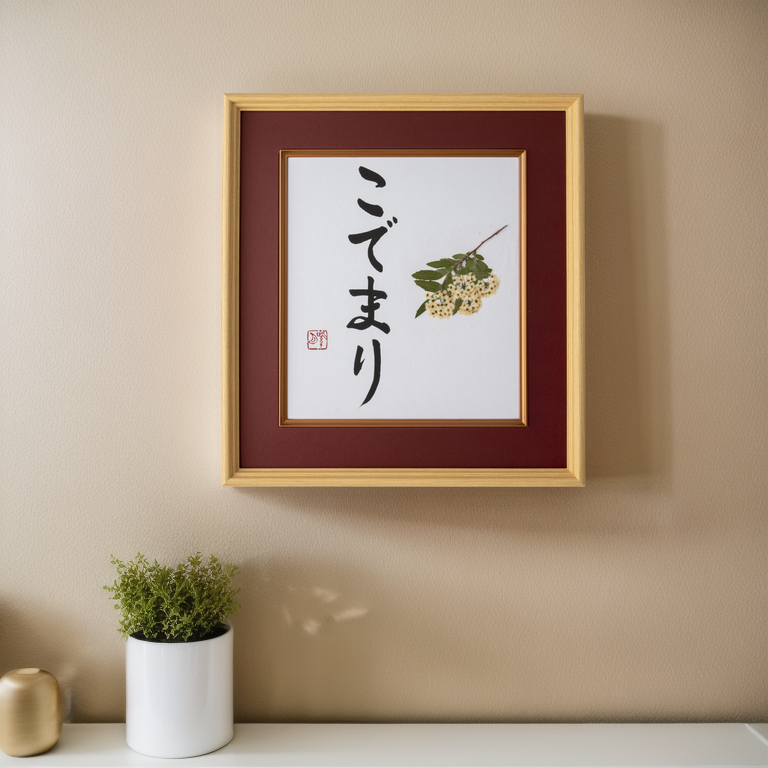 Pressed Flower Kodemari "Reeves Spirea" in Japanese - Wooden Frame with Red Mat, Design 3 (Free Shipping)