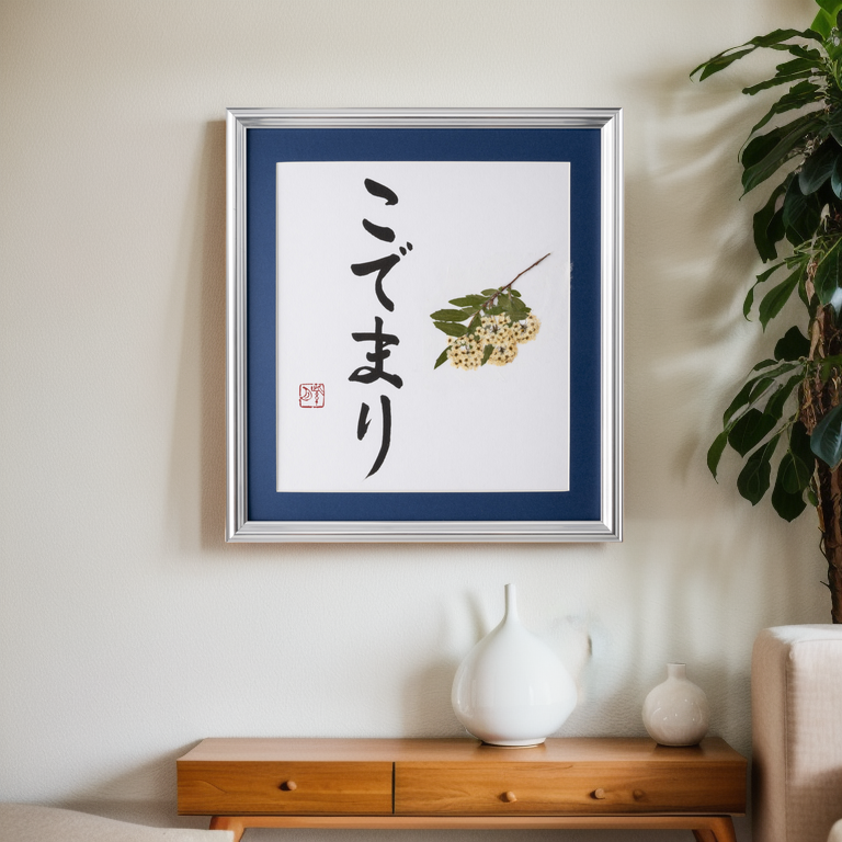 Pressed Flower Kodemari "Reeves Spirea" in Japanese - Silver Frame with Blue Mat, Design 3 (Free Shipping)