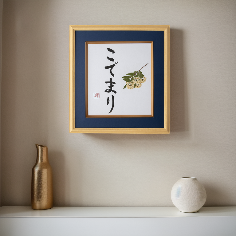 Pressed Flower Kodemari "Reeves Spirea" in Japanese - Wooden Frame with Blue Mat, Design 3 (Free Shipping)