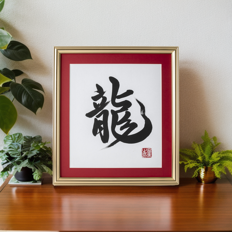 Ryu "Dragon" in Japanese - Gold Frame with Red Mat (Free Shipping)