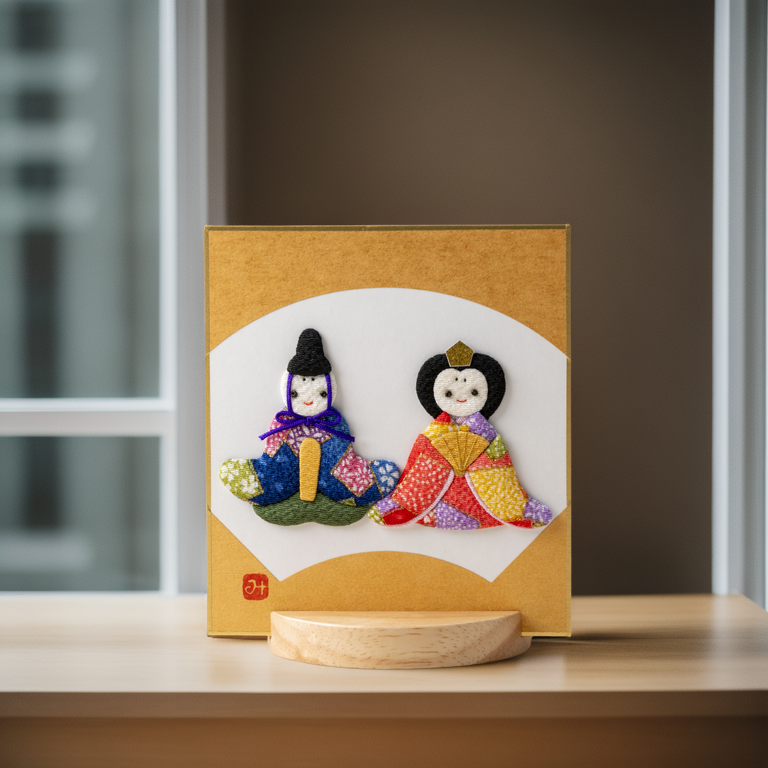 Hina Matsuri - œuvres d'art en tissu surélevées, comprend un support en bois