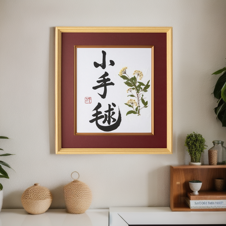 Pressed Flower Kodemari "Reeves Spirea" in Japanese - Wooden Frame with Red Mat. Handcrafted Japanese Calligraphy Shodo Artwork. (Free Shipping) - Design 1