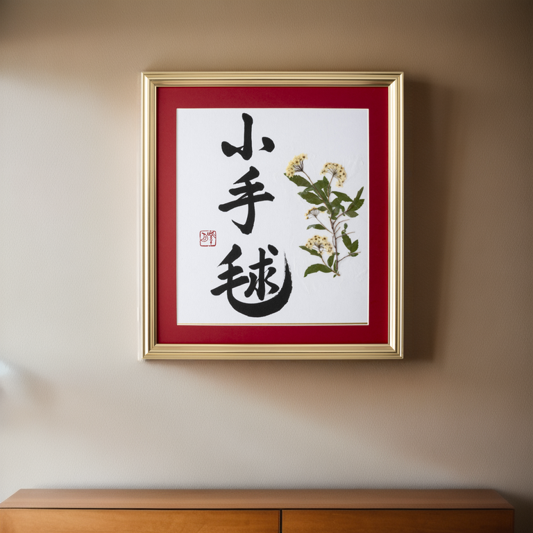 Pressed Flower Kodemari "Reeves Spirea" in Japanese - Gold Frame with Red Mat, Design 1 (Free Shipping)