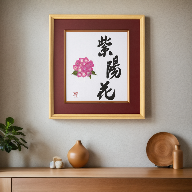 Pressed Flower Ajisai "Hydrangea" in Japanese- Wooden Frame with Red Mat, Design 1 (Free Shipping)