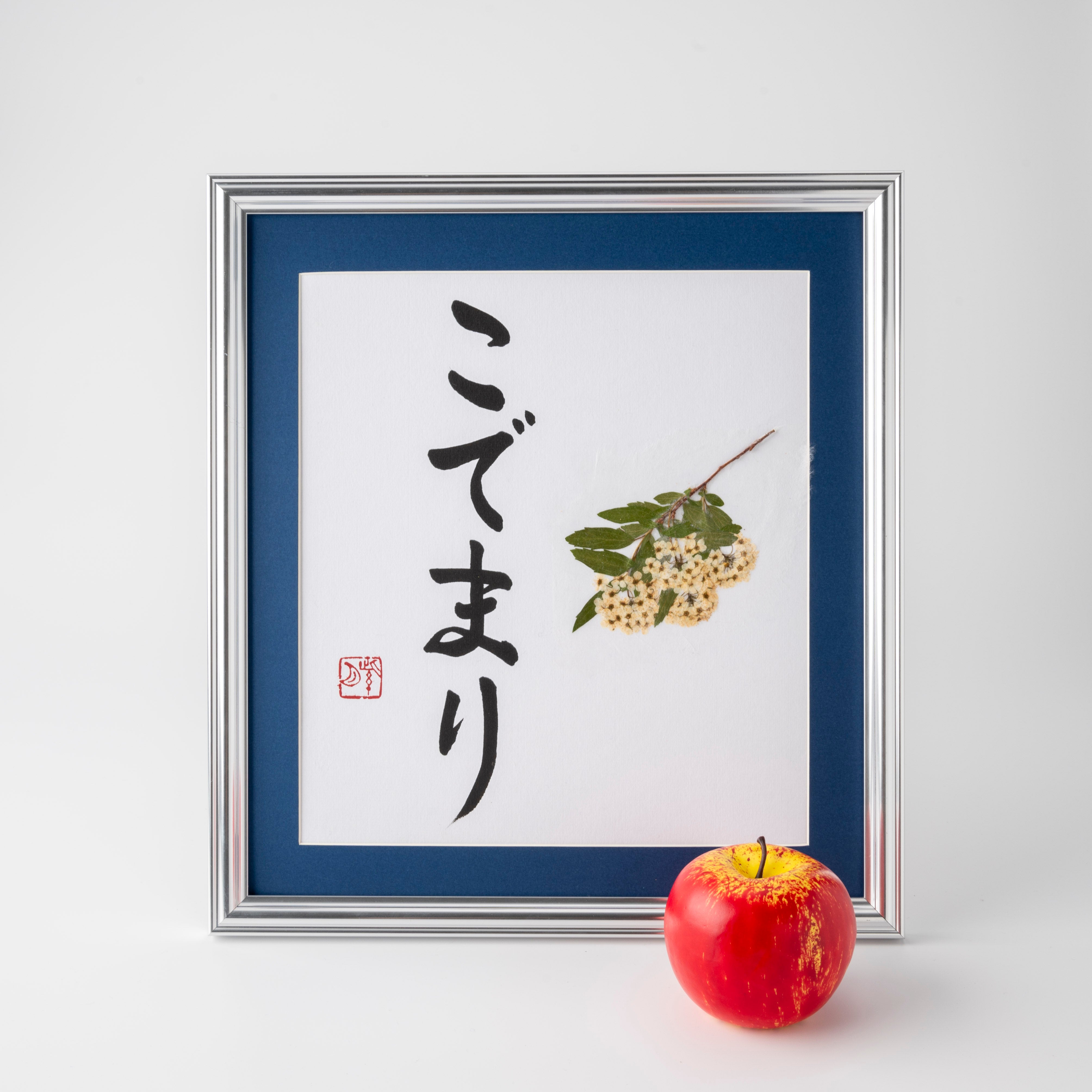 Pressed Flower Kodemari "Reeves Spirea" in Japanese - Silver Frame with Blue Mat, Design 3 (Free Shipping)