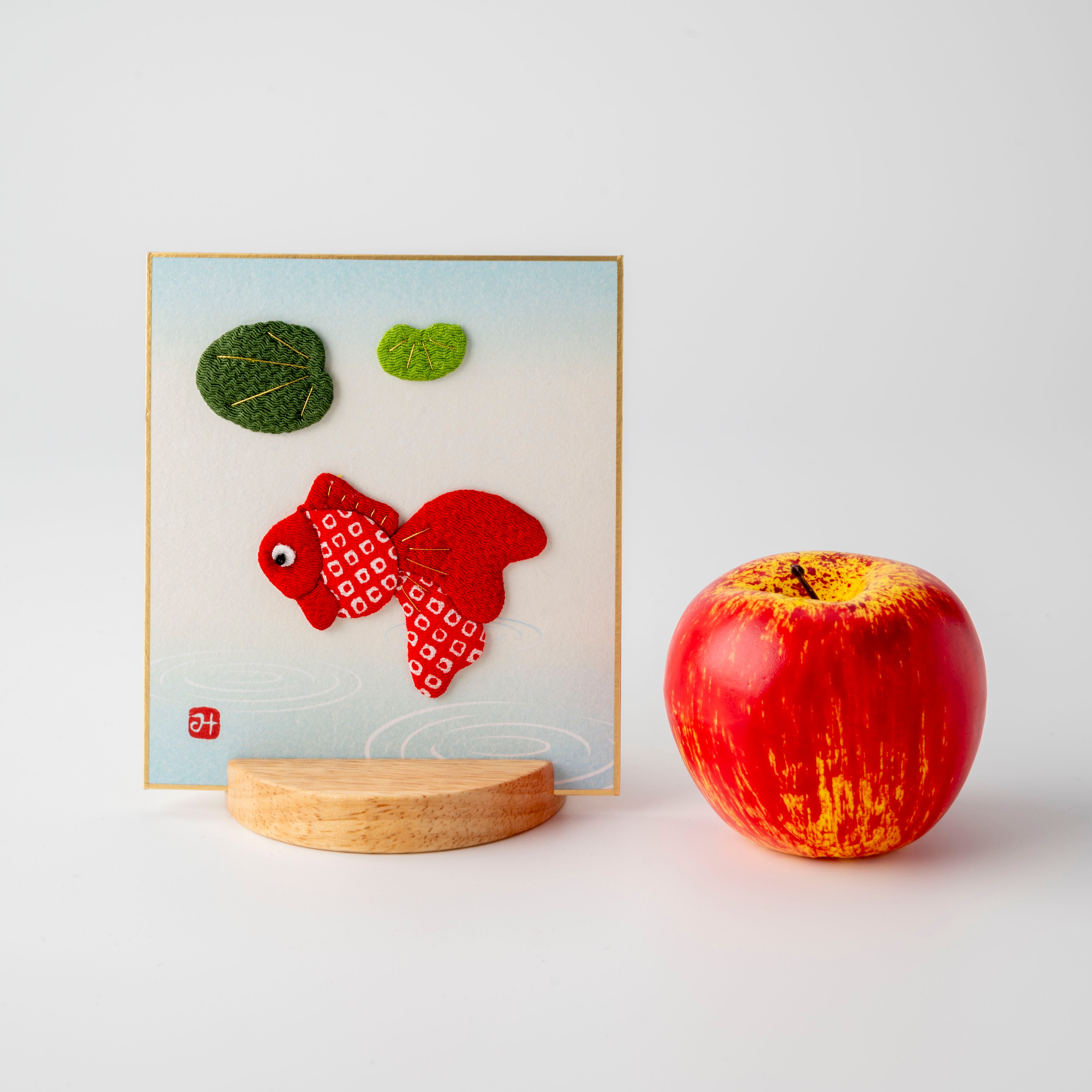 Playing Goldfish - Raised Cloth Artwork, Includes a Wooden Stand