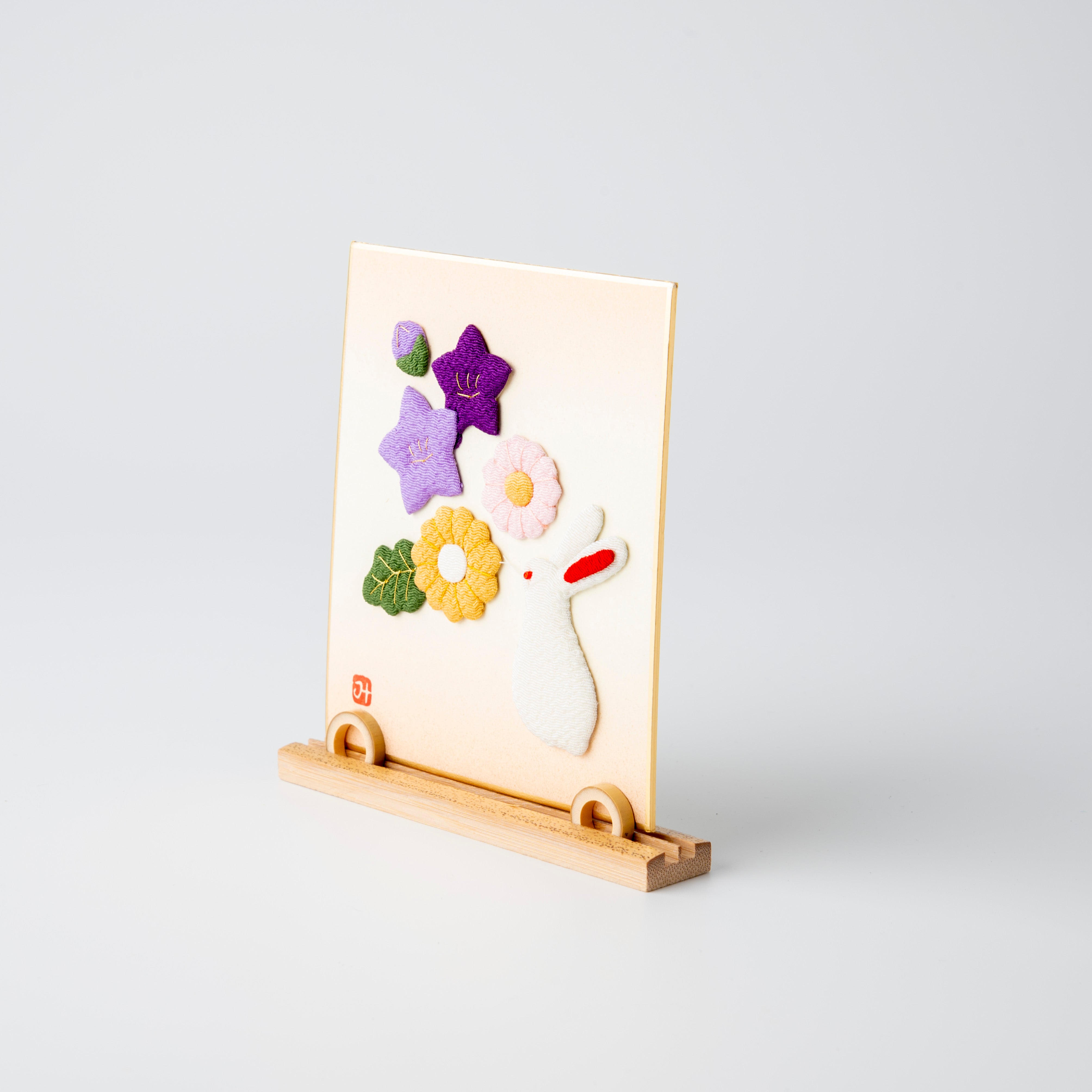 Autumn Flowers and Rabbit - Raised Cloth Artwork, Includes a Bamboo Stand