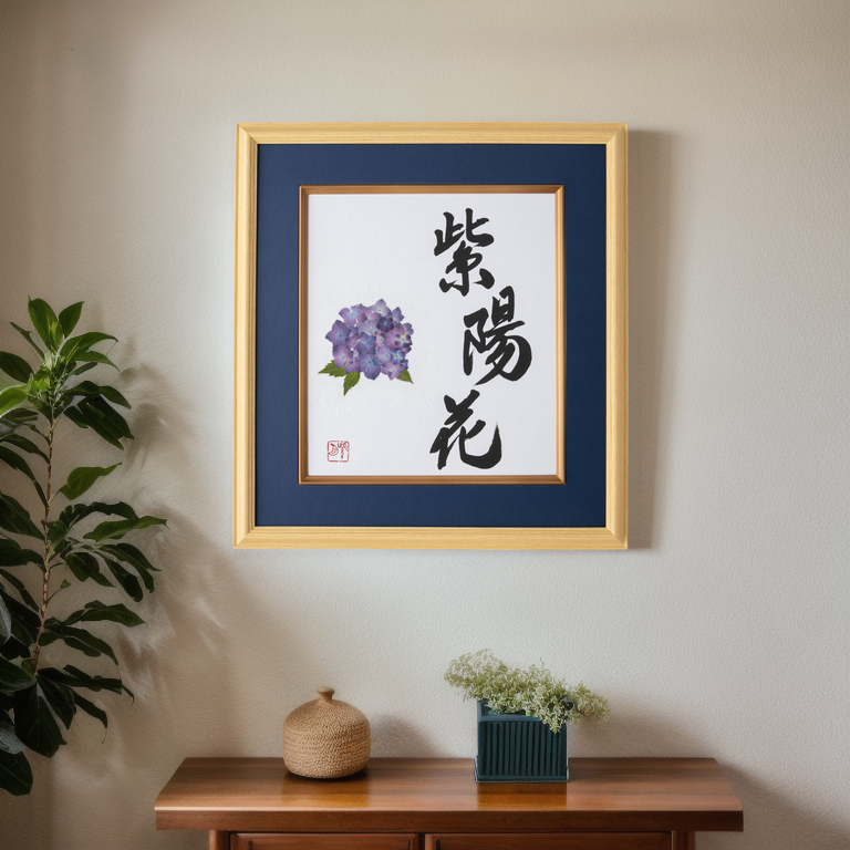 Pressed Flower Ajisai "Hydrangea" in Japanese- Wooden Frame with Blue Mat, Design 2 (Free Shipping)