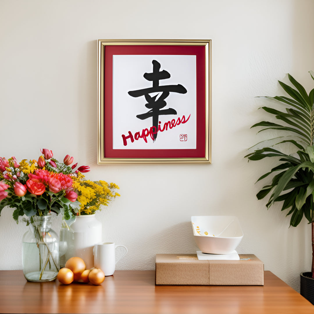 Shiawase "Happiness" in Japanese - Gold Frame with Red Mat (Free Shipping)