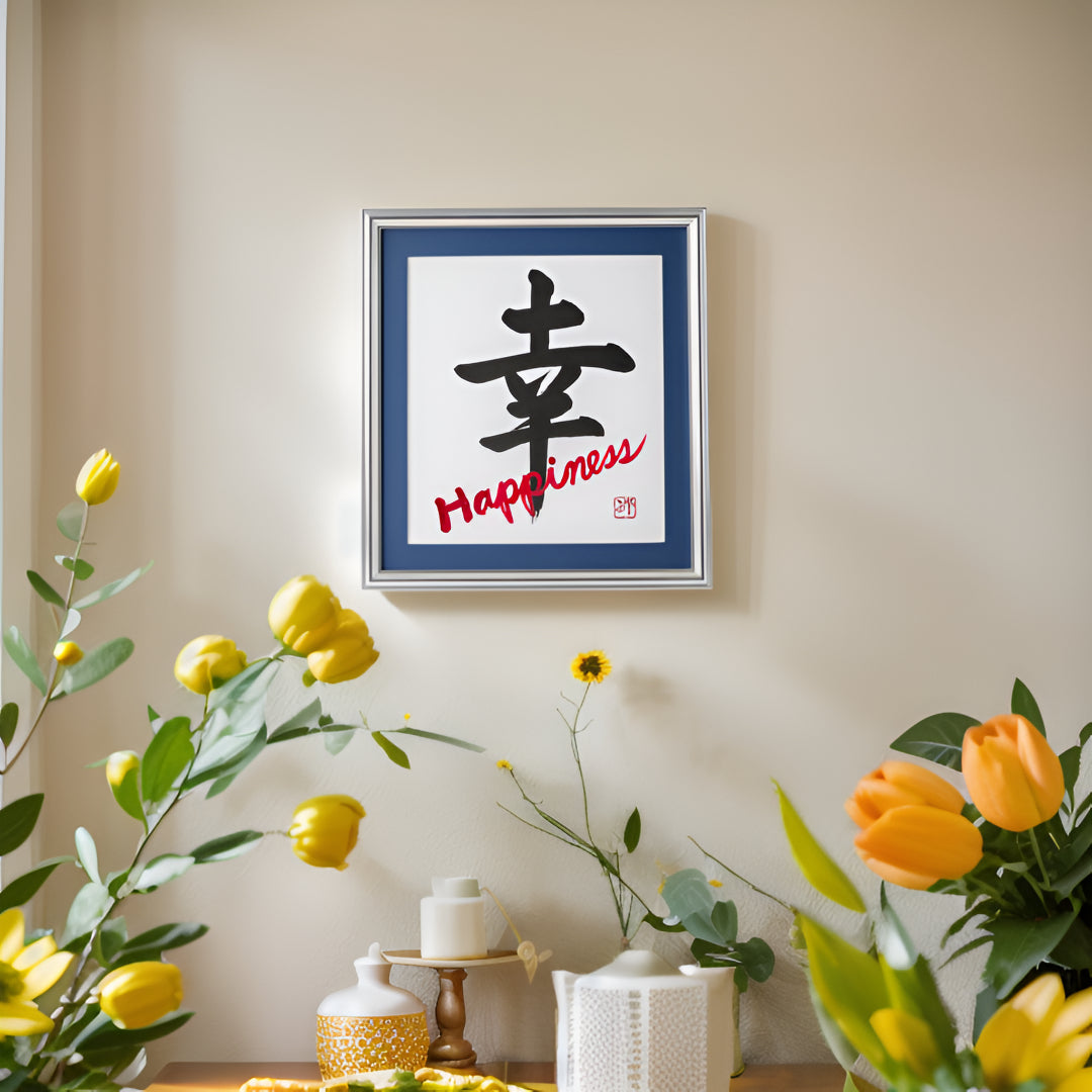 Shiawase "Happiness" in Japanese - Silver Frame with Blue Mat (Free Shipping)