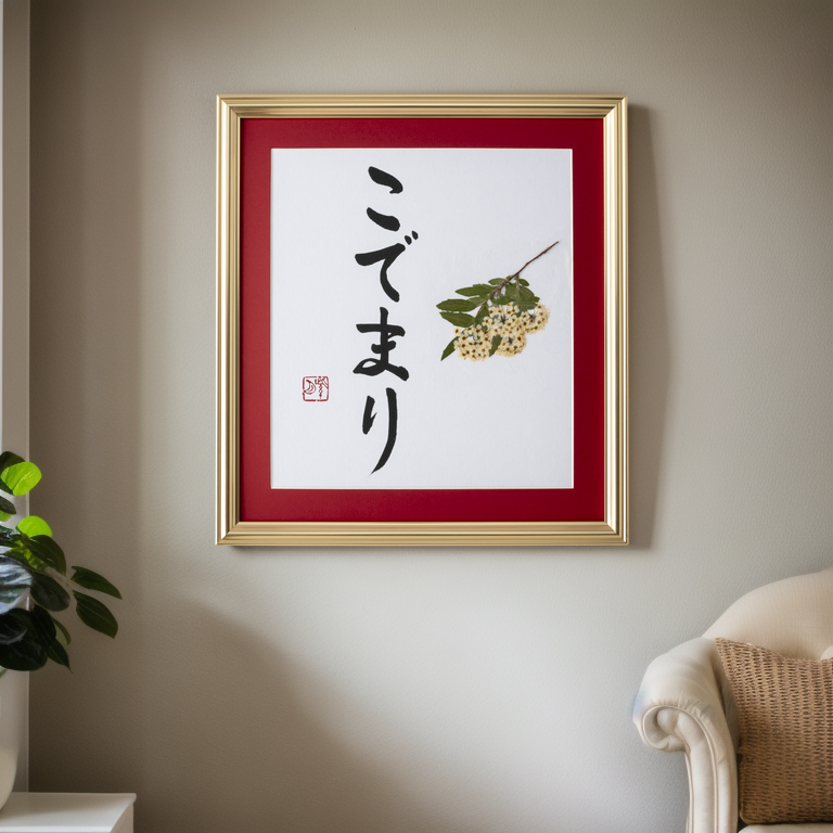 Pressed Flower Kodemari "Reeves Spirea" in Japanese - Gold Frame with Red Mat, Design 3 (Free Shipping)