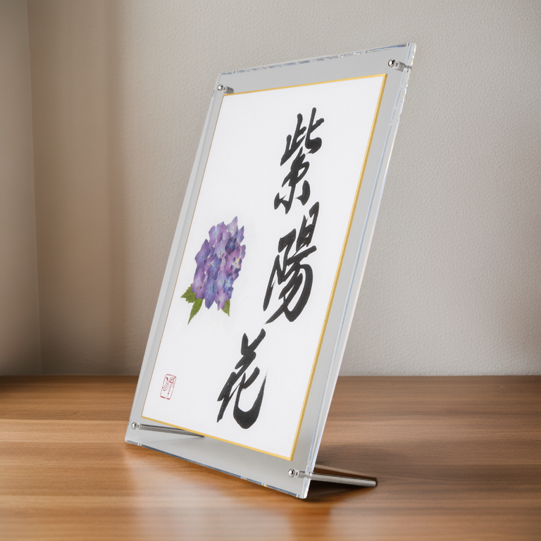 Pressed Flower Ajisai "Hydrangea" in Japanese - Acrylic Clear Frame, Design 2 (Free Shipping)