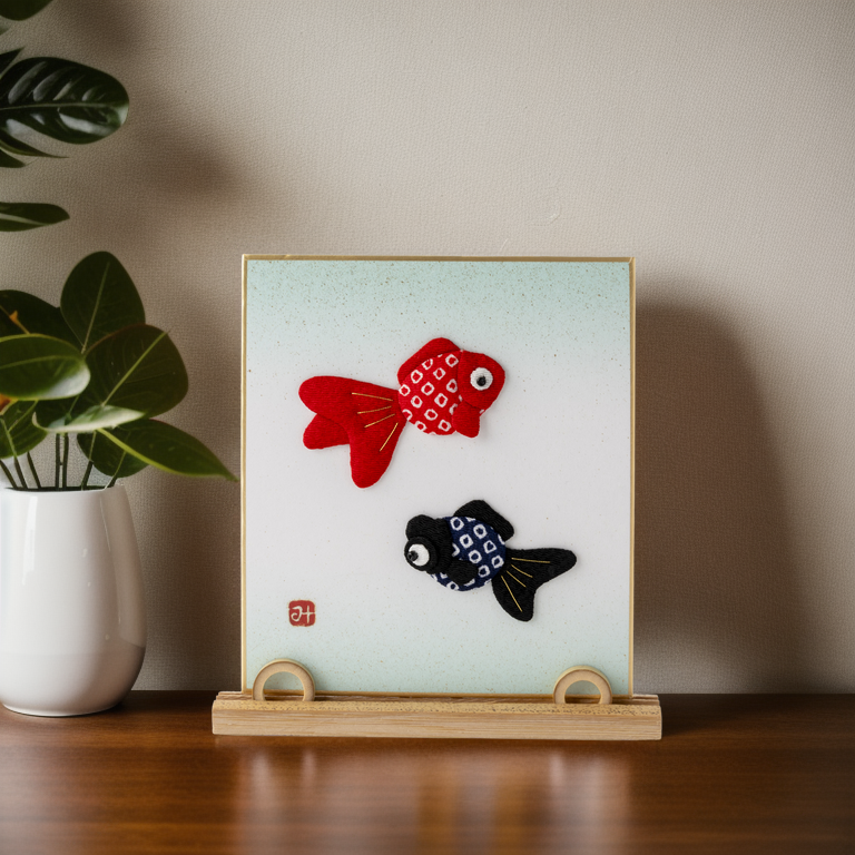 Friendly Goldfish - Raised Cloth Artwork, Includes a Bamboo Stand