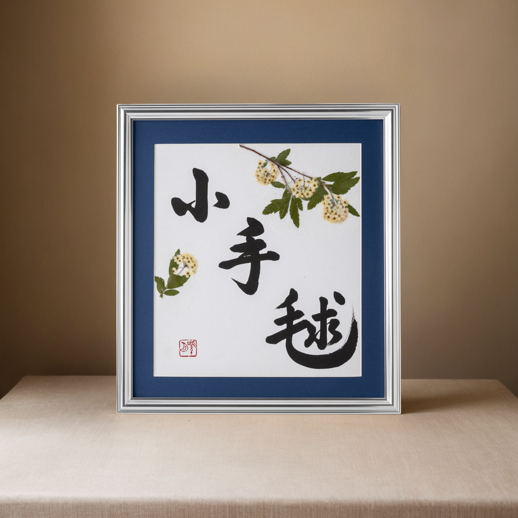 Pressed Flower Kodemari "Reeves Spirea" in Japanese - Silver Frame with Blue Mat, Design 2 (Free Shipping)