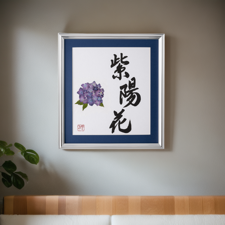 Pressed Flower Ajisai "Hydrangea" in Japanese - Silver Frame with Blue Mat, Design 2 (Free Shipping)