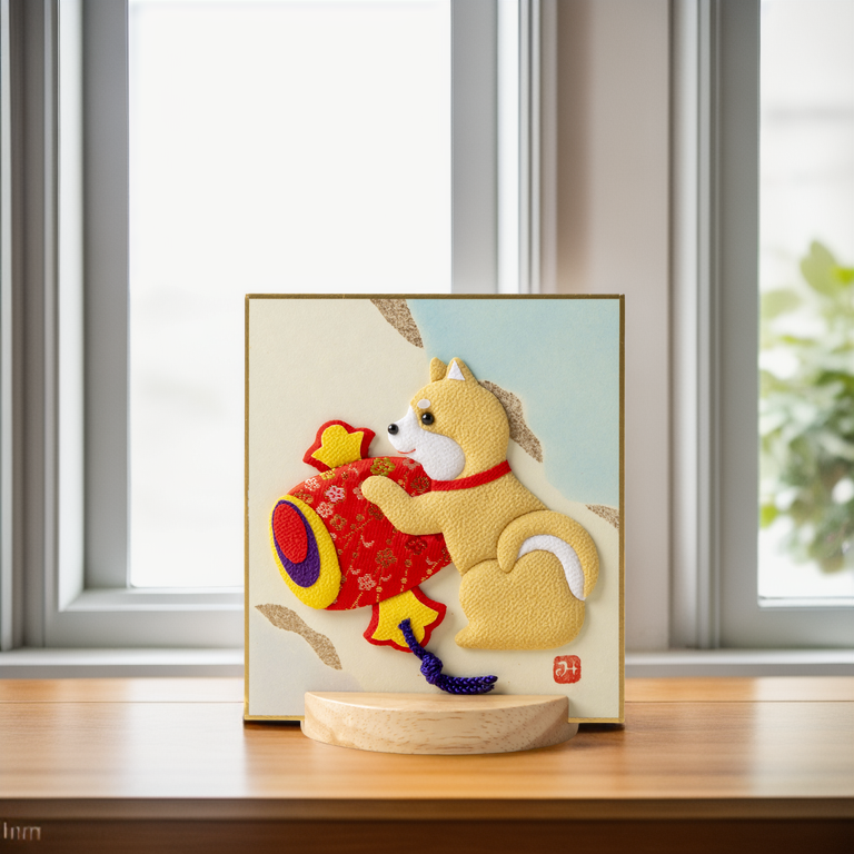 A Dog with a Magic Mallet - Raised Cloth Artwork, Includes a Wooden Stand