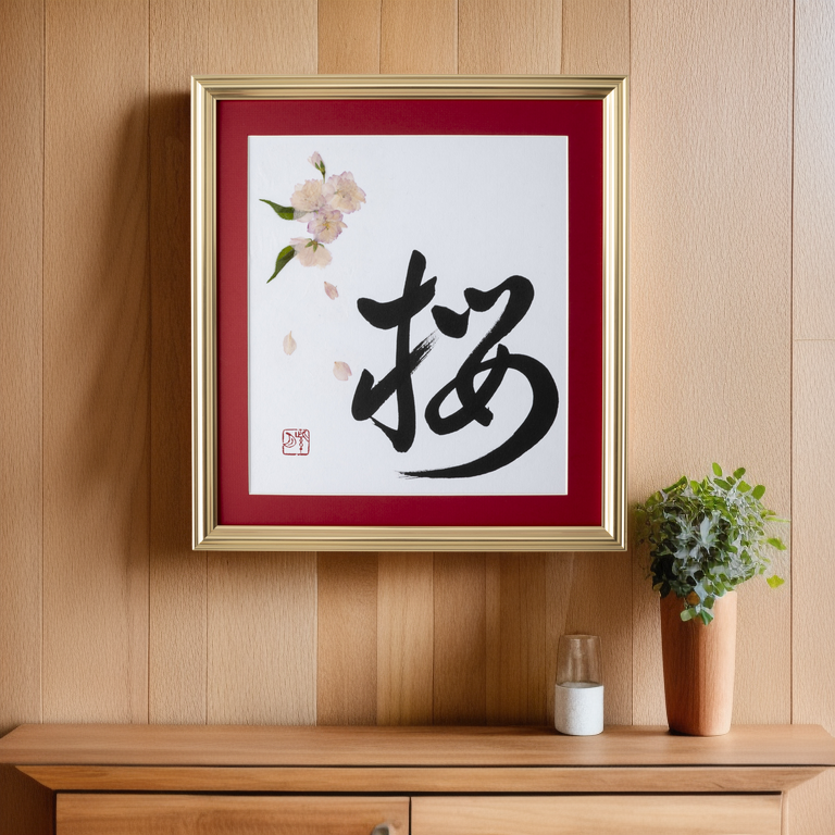 Pressed Flower Sakura "Cherry Blossom" in Japanese - Gold Frame with Red Mat, Design 2 (Free Shipping)