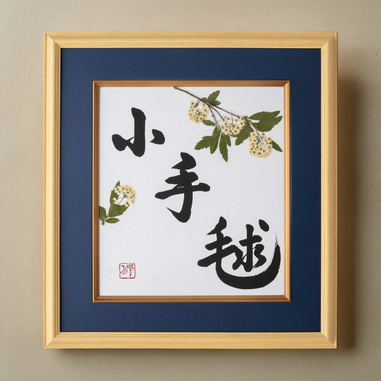 Pressed Flower Kodemari "Reeves Spirea" in Japanese - Wooden Frame with Blue Mat, Design 2 (Free Shipping)